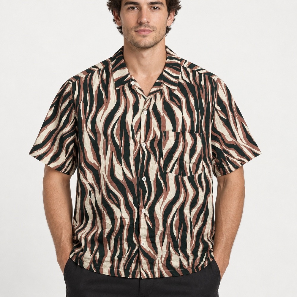 AllSaints Mens Relaxed Fit Zebra Animal Print Short Sleeve Button Down Shirt XXL